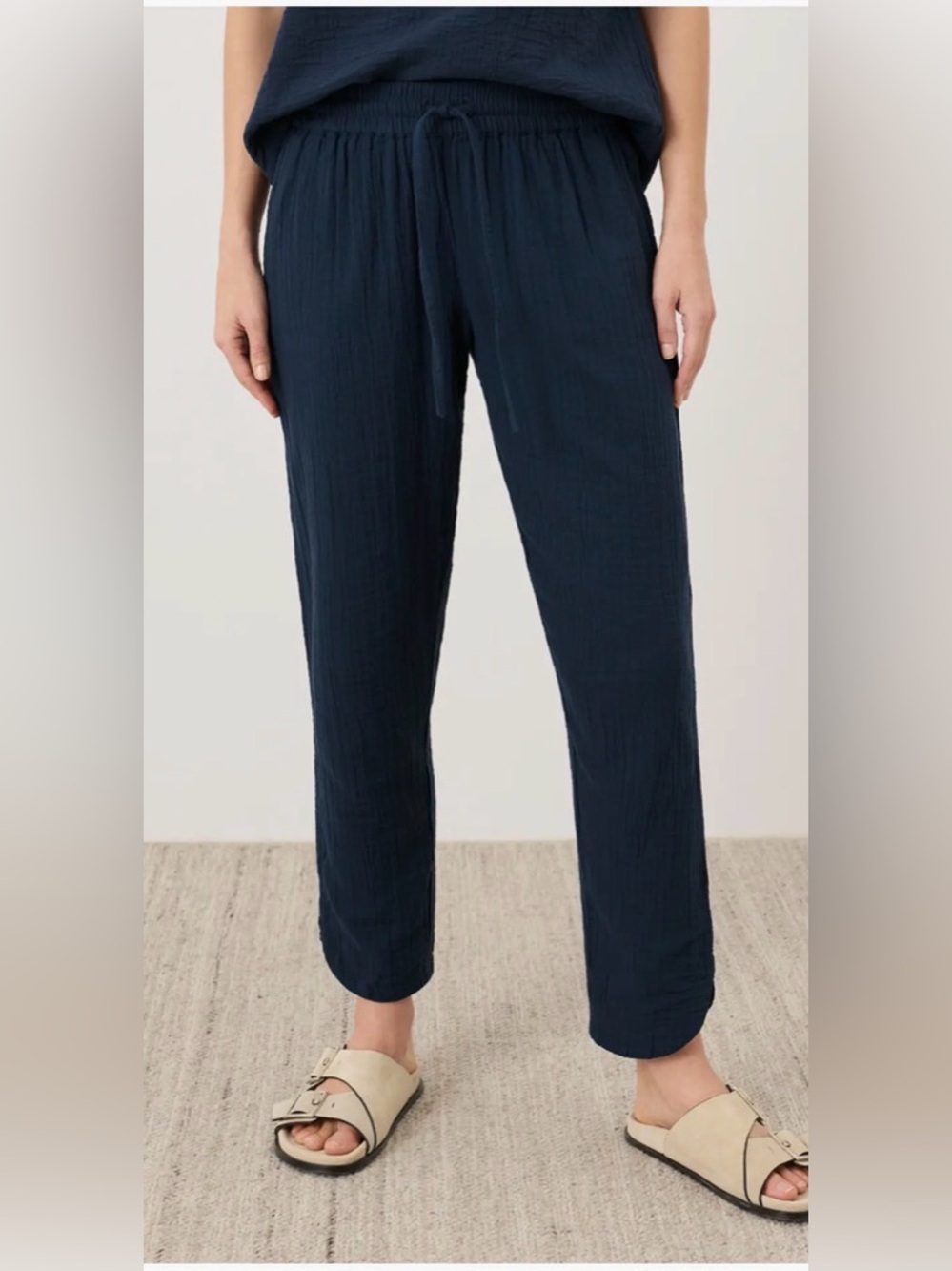 Pact women’s large navy blue tapered drawstring waist pants. 100% organic cotton